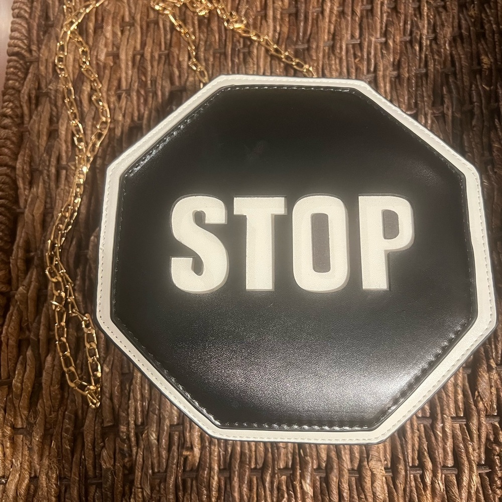 Black and White Stop Sign Purse with Gold Chain